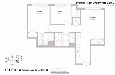 A floor plan of an apartment with a Premier Room and Private Bath.